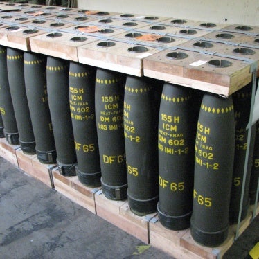 Photo shows stockpiles of 155mm cluster munition artillery projectiles. 