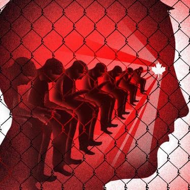 Red and black illustration of people in detention