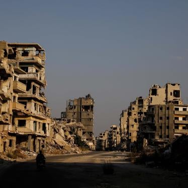 A streetview of destroyed buildings in a city