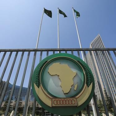 The African Union logo outside the AU headquarters building in Addis Ababa, Ethiopia. 