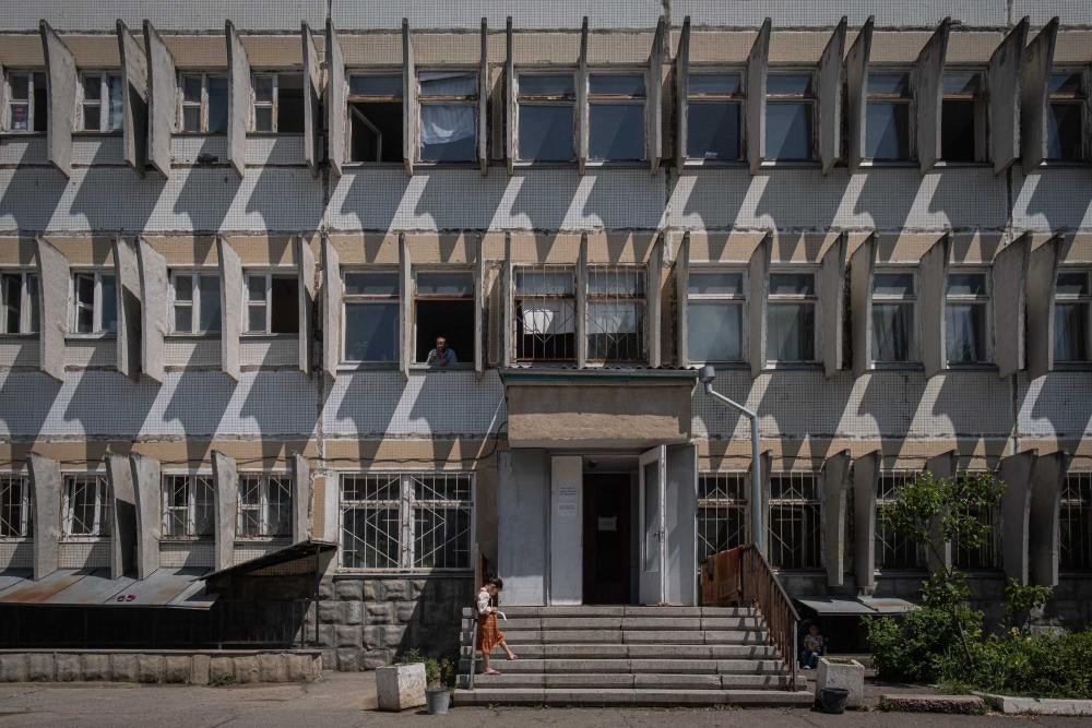 An entrance to the FRISPA center where most Romani refugees from Ukraine are accommodated.