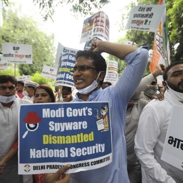 Congress party workers shout slogans during a protest accusing Prime Minister Narendra Modi's government of using military-grade spyware to monitor political opponents, journalists and activists in New Delhi, India.