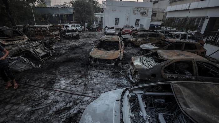 The extensive fire damage to cars in the parking lot at Al-Ahli hospital appears to have been caused by burning rocket propellant that would have spread to – and ignited – fuel or some other flammable material present on the site, Gaza City, October 18, 2023.