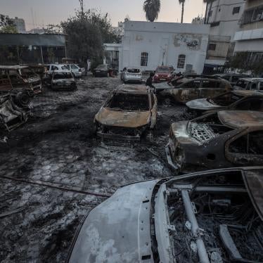 The extensive fire damage to cars in the parking lot at Al-Ahli hospital appears to have been caused by burning rocket propellant that would have spread to – and ignited – fuel or some other flammable material present on the site, Gaza City, October 18, 2023.