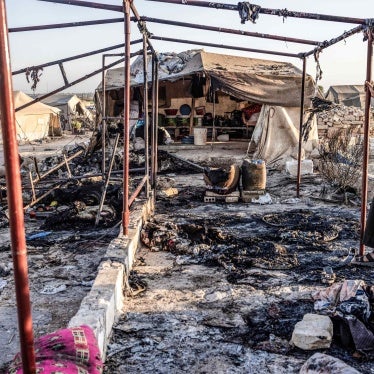 A destroyed tent can be seen as a result of a missile attack targeted a camp for displaced people on the outskirts of Idlib city by the Syrian government. © 2023 Anas Alkharboutli/picture-alliance/dpa/AP Images