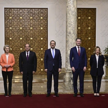 Austria Federal Chancellor Karl Nehammer, Greece Prime Minister Kyriakos Mitsotakis, European Commission president Ursula Von der Leyen, Egypt president Abdel Fattah el-Sisi, Cyprus President Nikos Christodoulides, Belgium Prime Minister Alexander De Croo and Italy Prime Minister Giorgia Meloni pictured at a diplomatic meeting on March 17, 2024 in Cairo, Egypt. 