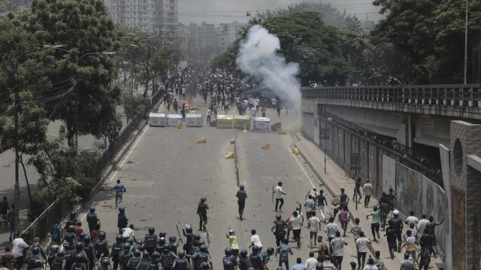 Anti-quota protestors and police are engaging in a clash in Dhaka, Bangladesh, on July 18, 2024.