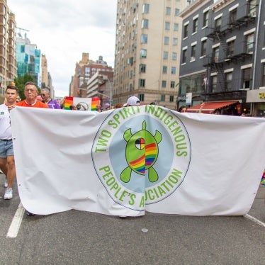 NYC Pride March: WorldPride 2019 | Stonewall 50, 5th Avenue, NYC, Manhattan, New York, United States - 30 Jun 2019. Members of the Two Spirit Indigenous Peoples Association march during World Pride in New York City, June 30, 2019. 