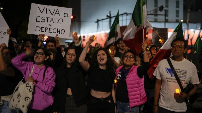 Federal court workers in Mexico City protest against a proposal that would remove and replace all judges in the country in popular elections, Monday, Aug. 26, 2024. 