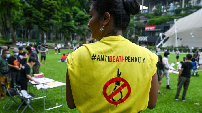  An activist during a protest against the death penalty at Speakers' Corner in Singapore on April 3, 2022. 