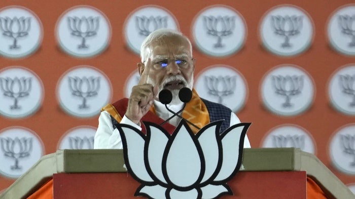  Indian Prime Minister Narendra Modi speaks at a public rally ahead of polling in the national election in Hyderabad, India, May 10, 2024.