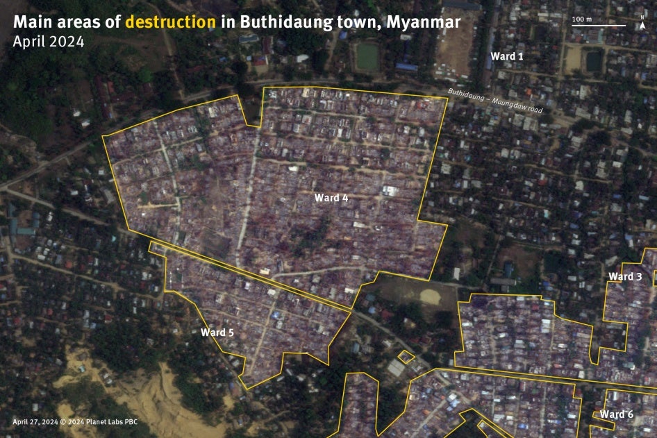 Satellite imagery from April 27, 2024, showing the main burned areas in wards 4 and 5 of Buthidaung town during the arson attacks from April 11-17.