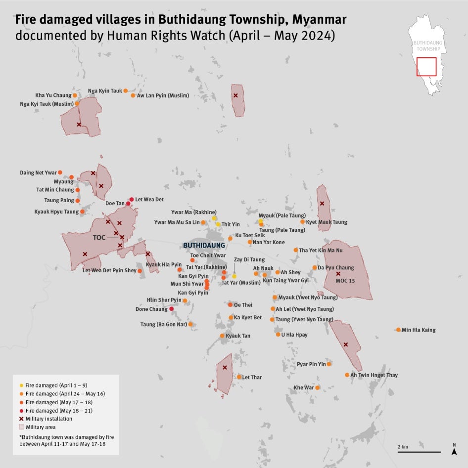 Fire damaged villages and hamlets in Buthidaung township documented by Human Rights Watch, April and May 2024.