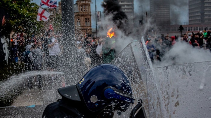  Far-right activists protest in Sunderland, England, August 2, 2024. 