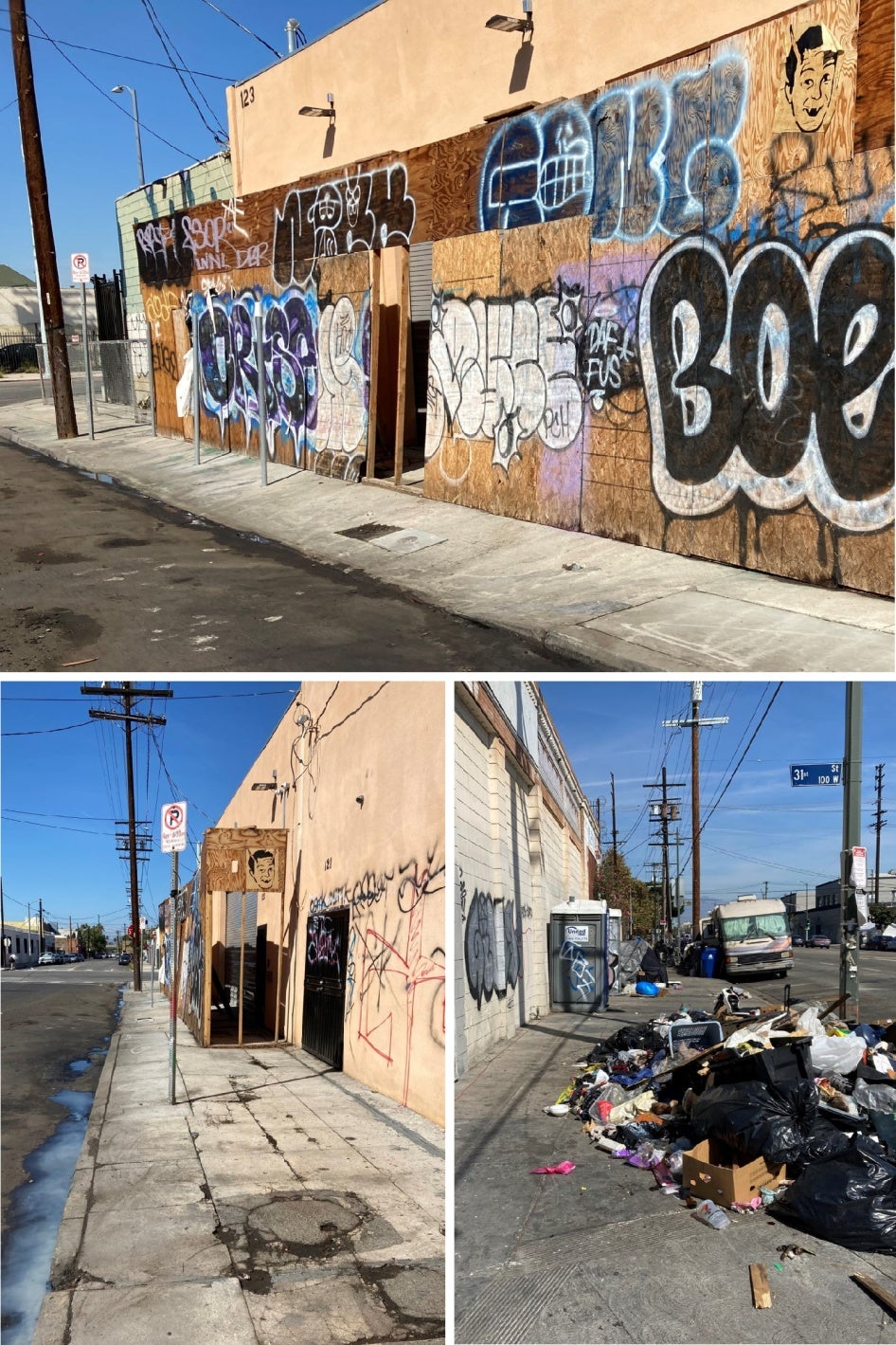 Composite of 3 images showing a plywood structure and trash on a sidewalk