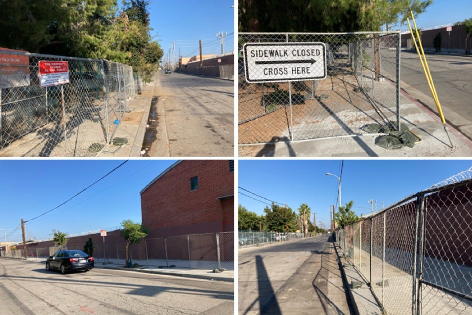 Composite of 4 images showing fencing on a sidewalk