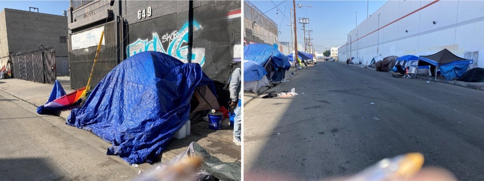 Side-by-side photos of tent encampments on the street