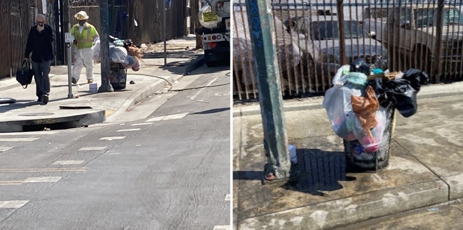 Side-by-side photos of a trash can overflowing with trash