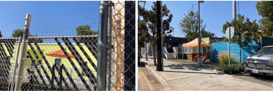 Two photos of a shelter exterior