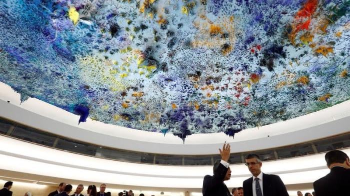 Delegates arrive for the 34th session of the UN Human Rights Council in Geneva, Switzerland, February 27, 2017.